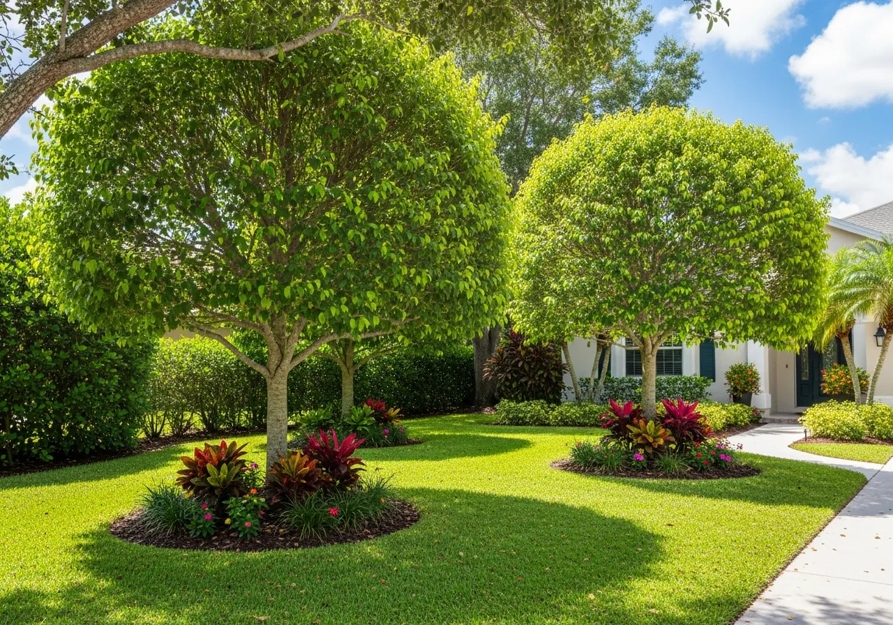 Tidy residential front yard with healthy trimmed trees