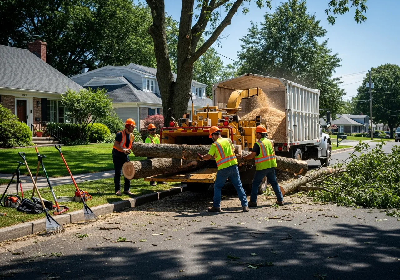 Crew loading logs into a chipper truck for cleanup