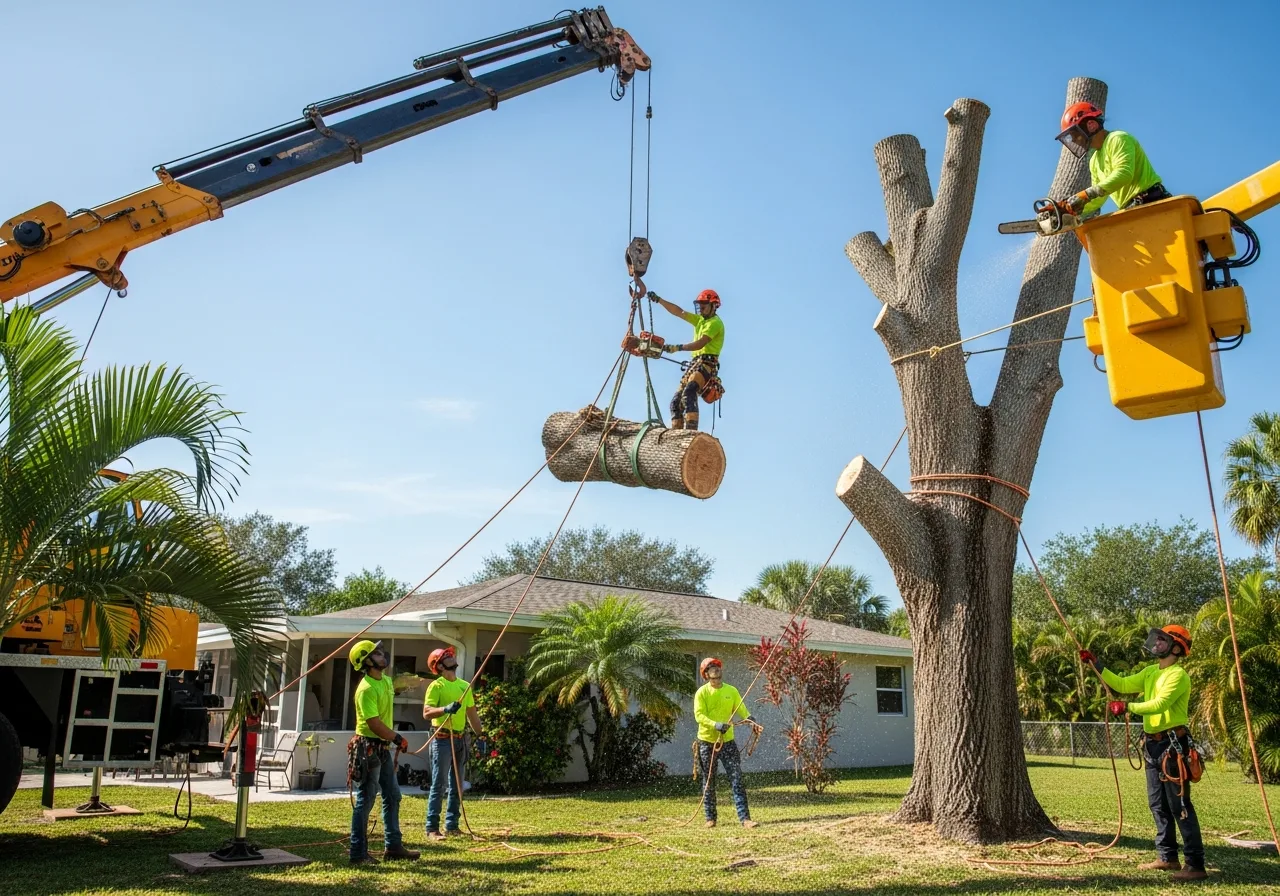 Crew safely removing a large tree near a Southwest Florida home