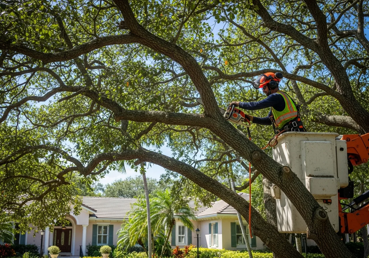 Arborist pruning a tree canopy from a bucket lift